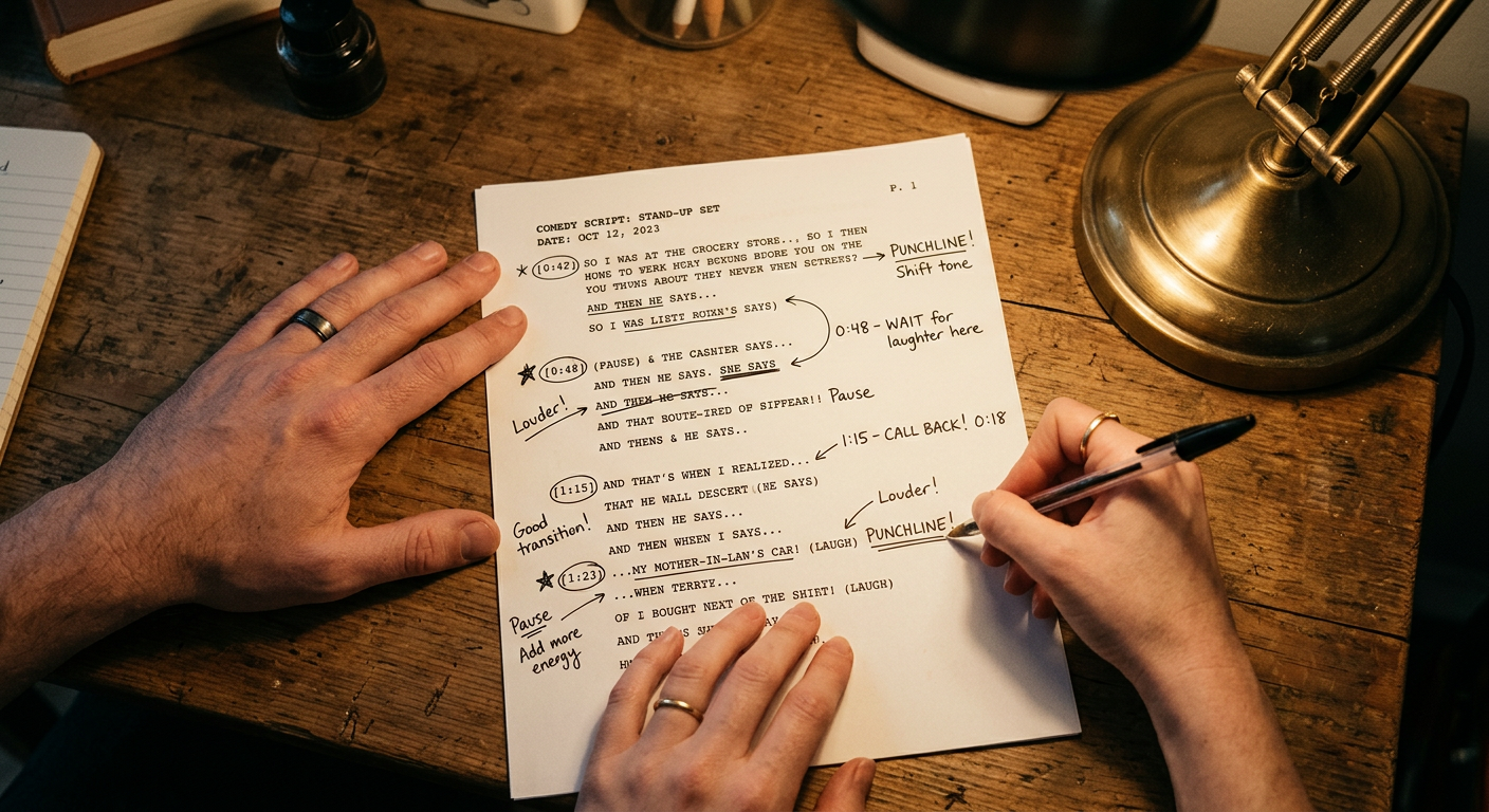 Des mains annotent au stylo un script de stand-up imprimé, avec des timecodes entourés et des notes dans la marge